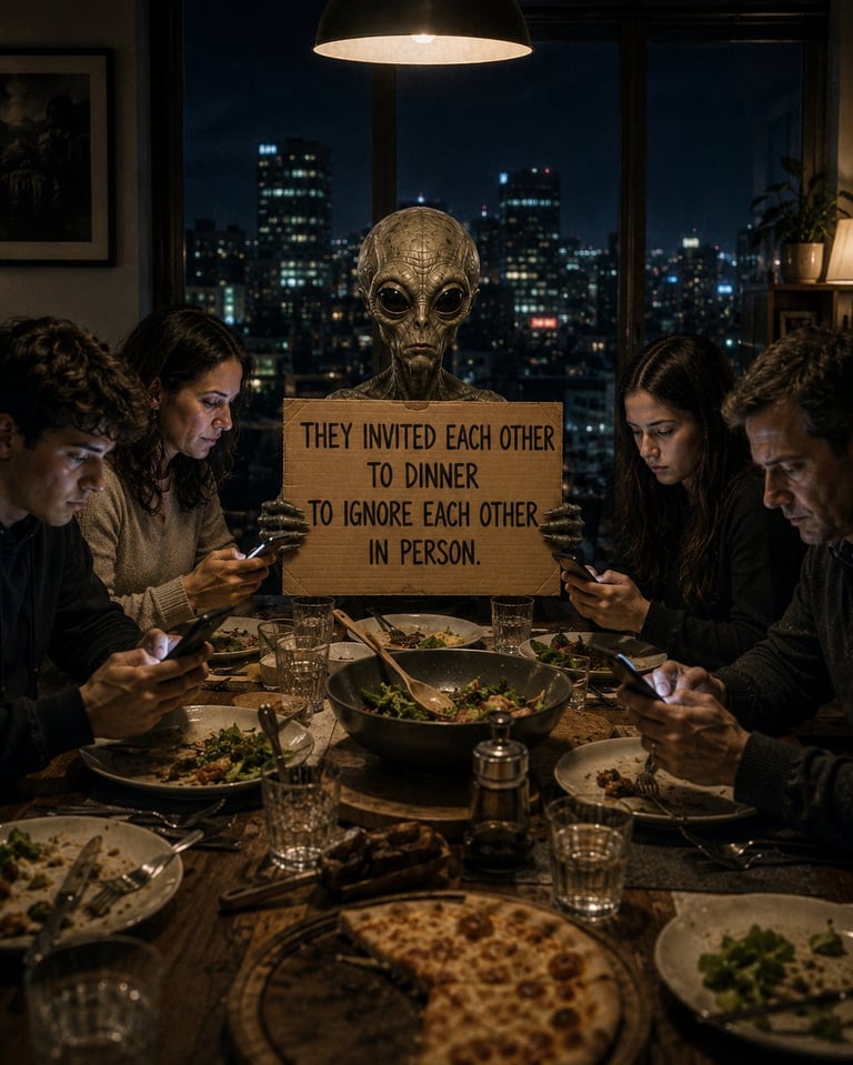 Four people sit at a dinner table with a skull and sign reading They invited each other to dinner to ignore each other in person with city lights visible through window behind them