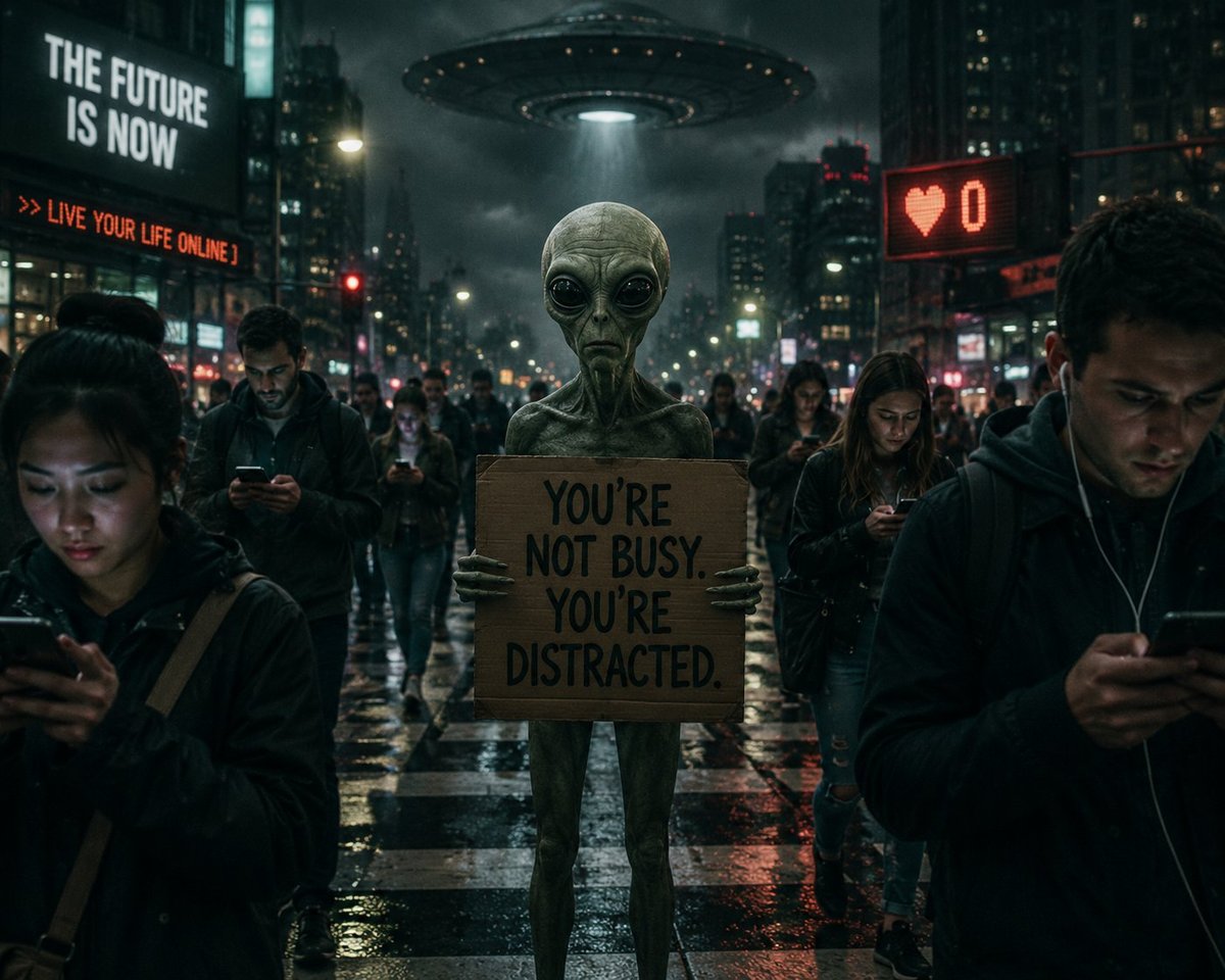 Alien figure holding a sign reading Youre not busy, youre distracted amid crowded urban street at night with glowing neon signs