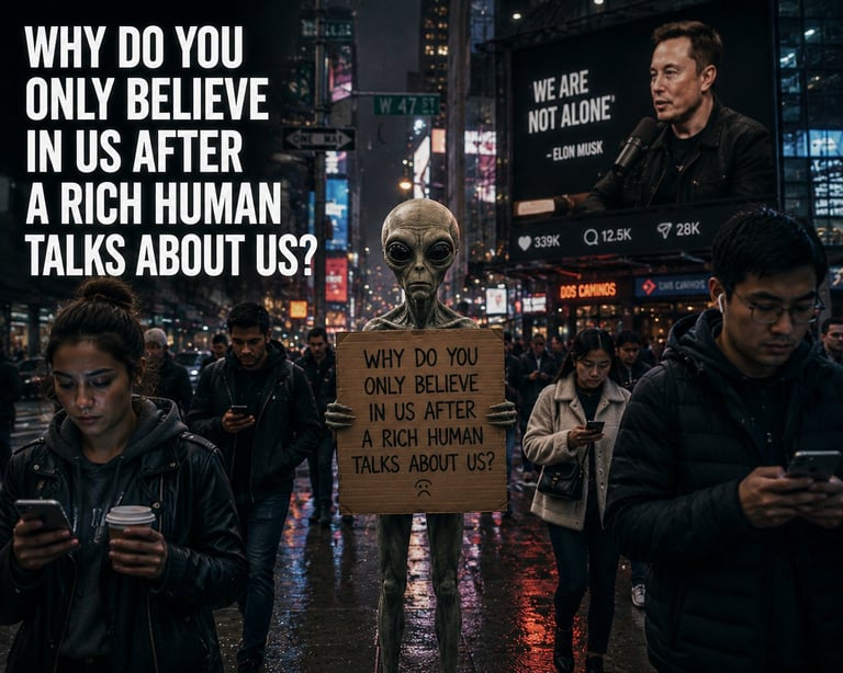 Alien figure holding protest sign in crowded urban street at night with questioning text about credibility and wealth
