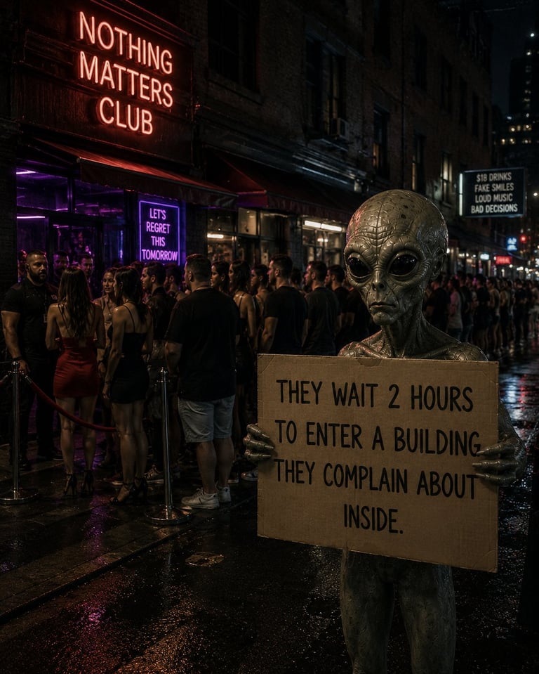 Alien head statue with satirical sign on city street at night near neon club sign and crowds