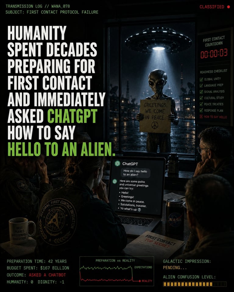 Satirical image showing military officials consulting ChatGPT on how to greet an alien during first contact with a spacecraft visible through a window