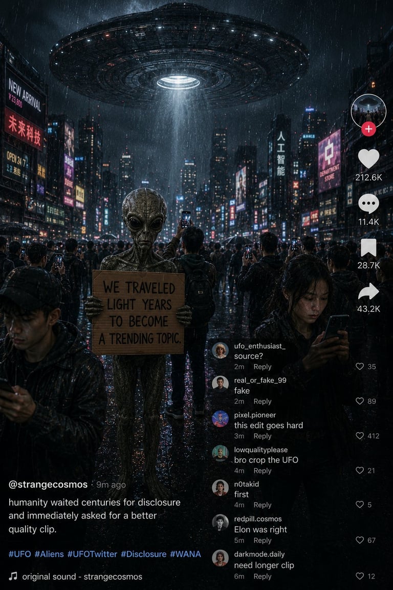 Alien figure holding sign in futuristic rainy city with UFO hovering above, surrounded by crowds and glowing neon signs