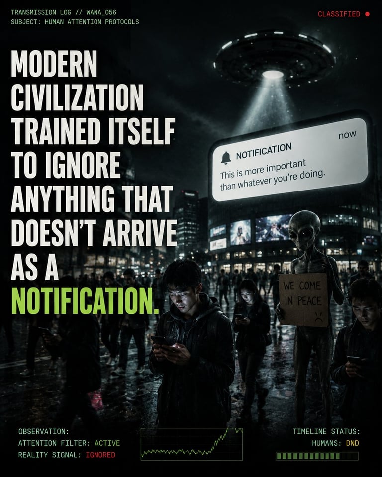 Dystopian meme showing crowds with UFO overhead and notification popup, critiquing societys dependence on digital alerts to notice reality