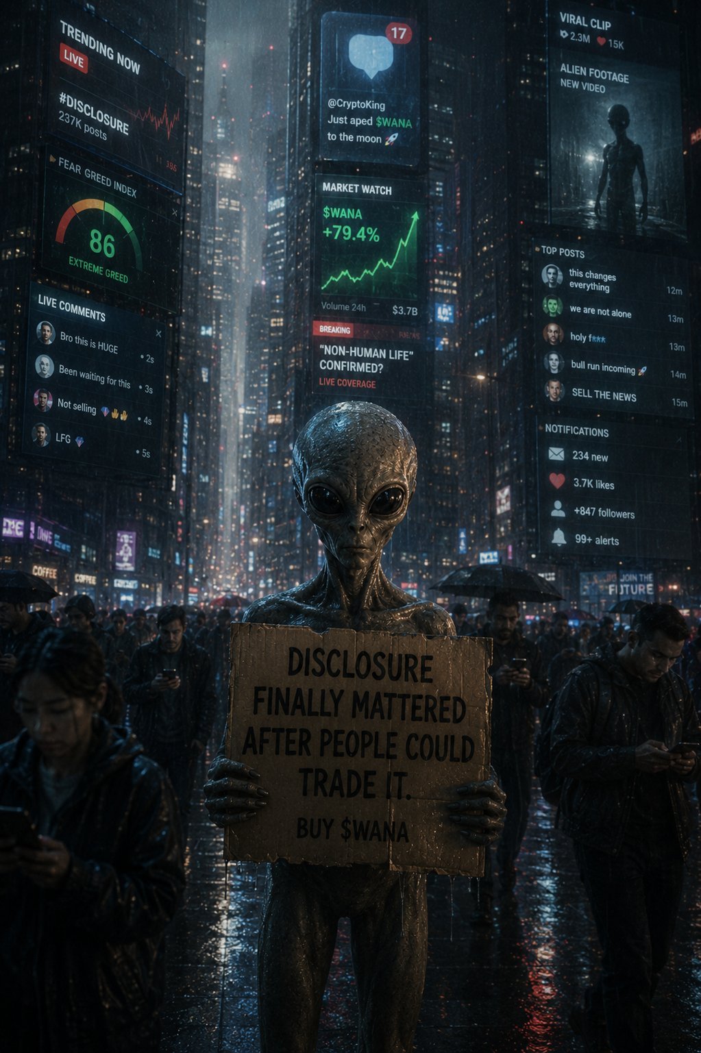 Alien figure holding sign reading Disclosure Finally Mattered After People Could Trade It amid futuristic city with financial data displays