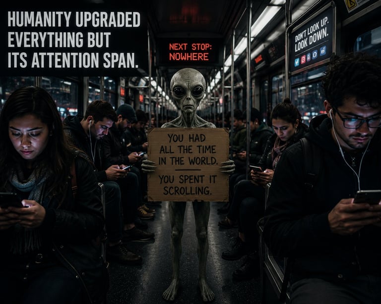 Alien figure holding sign in crowded street surrounded by people on phones, with text about humanity upgraded and attention span
