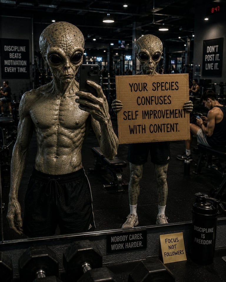 Two alien figures in a gym holding a sign reading Your species confuses self improvement with content with motivational posters on the walls